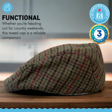 Load image into Gallery viewer, Unisex 60cm L/XL TWEED Flat Cap |Mixed Wool Polyester Green Tweed Country Cap | Tweed Hat | Peaked Cap | Black Quilted Lining