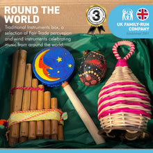 Load image into Gallery viewer, ROUND THE WORLD 4 PIECE MUSICAL INSTRUMENT GIFT BOX | A selection of Fair Trade percussion and wind instruments celebrating music from around the world | musical delights and global sounds from around the world.