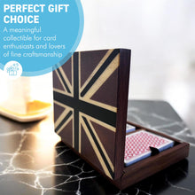 Load image into Gallery viewer, Hand Carved Sheesham Wood Union Jack Card Box,  Premium Storage Case with Green Baize Lining & 2 Decks of Playing Cards