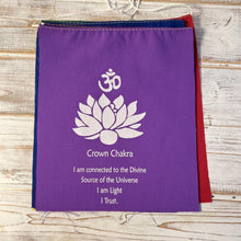 Load image into Gallery viewer, 7 Chakra bunting flags On A String With Affirmation 19 x 25 centimetres and are strung together on a 155-centimeter-long string