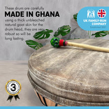 Load image into Gallery viewer, 40cm diameter Ghanaian Shamanic Sami hand drum with wooden beater | frame drum | medicine | Viking / Pagan Hand Drum | wooden frame | rope weaved handles at the rear | deep resonant tone
