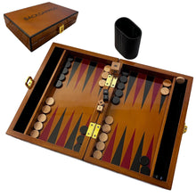 Load image into Gallery viewer, Deluxe 30cm Lacquered Wood Backgammon Set with Premium Leather Dice Cup with Varnished Wooden Game Chips