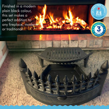 Load image into Gallery viewer, Premium 16" Cast Iron FIREPLACE GRATE SET – Complete Set with Castle Front, Ash Pan & Log Tongs for Classic Fireplaces