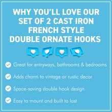 Load image into Gallery viewer, Set of 2 𝗙𝗥𝗘𝗡𝗖𝗛 𝗦𝗧𝗬𝗟𝗘 𝗖𝗔𝗦𝗧 𝗜𝗥𝗢𝗡 𝗗𝗢𝗨𝗕𝗟𝗘 𝗛𝗢𝗢𝗞𝗦 – Duck Egg Blue Ceramic Tops, Wall Coat Hooks for Hallway, Cloakroom, Bedroom