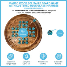 Load image into Gallery viewer, 22cm Diameter wooden SOLITAIRE BOARD GAME with BRILLIANT BLUE OXYGEN GLASS MARBLES | classic wooden solitaire game | strategy board game | family board game | games for one | board games