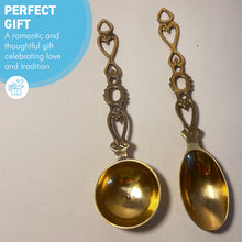 Load image into Gallery viewer, Set of 2 brass Love Spoons, wedding tokens, rustic decor, housewarming gift