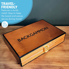 Load image into Gallery viewer, Deluxe 30cm Lacquered Wood Backgammon Set with Premium Leather Dice Cup with Varnished Wooden Game Chips
