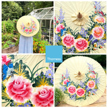 Load image into Gallery viewer, FLORAL OILED PAPER SUNSHADE PARASOL | Sun Protection | Wedding Accessories | UV Protection | Pink and Blue Flowers | Butterflies | Cream
