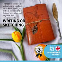 Load image into Gallery viewer, FEATHERED BALL POINT PEN AND LEATHER BOUND NOTEBOOK | Writing Set | Leather Bound Notebook | Feather Pen | Creative Writing | Pen and Notebook Set