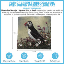 Load image into Gallery viewer, 2 x Green Stone Coasters with Puffin, Wildlife Watercolour Design, Wildlife Coasters