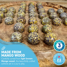 Load image into Gallery viewer, 30cm Diameter MANGO WOOD SOLITAIRE BOARD GAME with SPECKLED GOLDEN SPINOSAURUS GLASS MARBLES | |classic wooden solitaire game | strategy board game | family board game | games for one | board games