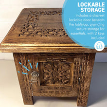 Load image into Gallery viewer, Folding Wooden Side Table with lockable storage, Decorative Wooden Side Table with cutwork detail, Bedside Table