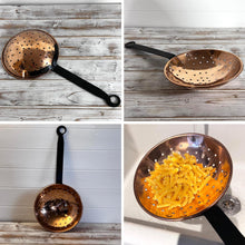 Load image into Gallery viewer, Large Decorative Copper Strainer & Skimmer Antique Farmhouse Décor, Slotted Copper Scoop for Hanging Kitchen Display, Vintage Style