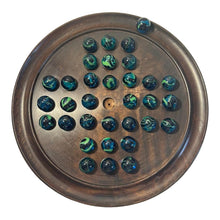Load image into Gallery viewer, 30cm Diameter WOODEN SOLITAIRE BOARD GAME with SEA TURTLE GLASS MARBLES | classic wooden solitaire game | strategy board game | family board game | games for one | board games