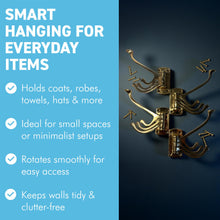 Load image into Gallery viewer, Set of four Polished Brass 𝟯-𝗣𝗥𝗢𝗡𝗚 𝗦𝗪𝗜𝗩𝗘𝗟 𝗖𝗢𝗔𝗧 𝗛𝗢𝗢𝗞𝗦, Folding Wall Mount Hanger with Screws Included