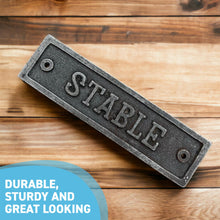 Load image into Gallery viewer, Cast iron antique style stable door plaque | horse stable | door decor |metal plaque | door sign | 15.5cm x 4cm