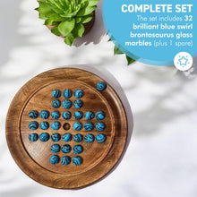 Load image into Gallery viewer, 22cm Diameter wooden SOLITAIRE BOARD GAME with BRILLIANT BLUE BRONTOSAURUS SWIRL GLASS MARBLES | classic wooden solitaire game | strategy board game | family board game | games for one | board games