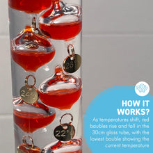 Load image into Gallery viewer, 30cm Tall Free Standing Galileo Thermometer with seven red floating globes | measures temperatures from 16 degrees Centigrade to 28 degrees | also in Fahrenheit | Weather station | Water Thermometer