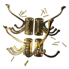 Load image into Gallery viewer, Set of four Polished Brass 𝟯-𝗣𝗥𝗢𝗡𝗚 𝗦𝗪𝗜𝗩𝗘𝗟 𝗖𝗢𝗔𝗧 𝗛𝗢𝗢𝗞𝗦, Folding Wall Mount Hanger with Screws Included