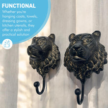 Load image into Gallery viewer, Set of Two Sturdy Wall-Mounted Cast Iron Lion Head Hook Hanger for Hats, Coats, Clothes - Perfect for Kitchen, Bathroom, Bedroom, Office