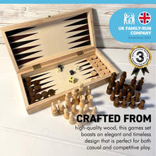 Load image into Gallery viewer, WOODEN CHESS BACKGAMMON CHEQUERS GAME COMPENDIUM | 3 in 1 Wooden Games Set | Travel Games Set | Portable Board Games | Wooden Games | Traditional Games