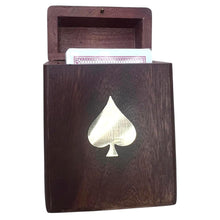 Load image into Gallery viewer, Handcrafted brown wooden playing card box with brass Ace of Spades design