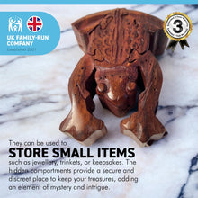 Load image into Gallery viewer, 7-piece Frog Wooden Puzzle Box | Wooden Frog Puzzle Box | Handmade wooden puzzle box | Handmade Wooden trinket secrets Box | Sustainable Shesham wooden hand carved box | 14cm (w) x 5cm (h)