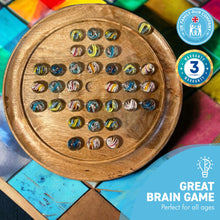 Load image into Gallery viewer, 30cm Diameter MANGO WOOD SOLITAIRE BOARD GAME with HELTER SKELTER GLASS MARBLES | |classic wooden solitaire game | strategy board game | family board game | games for one | board games