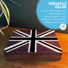 Load image into Gallery viewer, Hand Carved Sheesham Wood Union Jack Card Box,  Premium Storage Case with Green Baize Lining & 2 Decks of Playing Cards