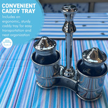 Load image into Gallery viewer, Salt & Pepper Shaker Set, Nickel Plated Glass Pots in a stylish caddy