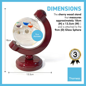 GALILEO THERMOMETER WITH CHERRY WOOD BASE | Thermometer | Temperature Gauge | with 5 Floating Temperature Globes | Weather Instrument | Indoor Thermometer