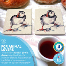 Load image into Gallery viewer, 2 x CURIOUS PUFFIN STONE COASTERS | Stone Coasters | Animal novelty gift | Coaster for glass, mugs and cups| Square coaster for drinks | Puffin gift | Meg Hawkins art | 10cm x 10cm