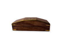 Load image into Gallery viewer, Wooden Treasure Chest Trinket Box with Tapered Ends and Brass Floral Inlay | Shesham Rosewood Keepsake Box, Distressed Finish, 25cm x 7cm x 9cm