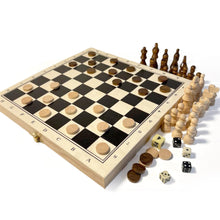 Load image into Gallery viewer, WOODEN CHESS BACKGAMMON CHEQUERS GAME COMPENDIUM | 3 in 1 Wooden Games Set | Travel Games Set | Portable Board Games | Wooden Games | Traditional Games
