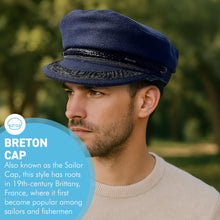 Load image into Gallery viewer, Traditional Wool Breton Cap | Size 59cm, large,  Captain Fisherman Mariner Yachtsman Sailors, Fiddlers Cap,  Baker Boy flat cap, skipper, classic peaked French and Greek boatman's hat