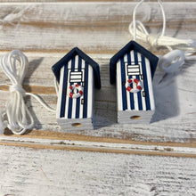 Load image into Gallery viewer, Pair of Dark Blue beach hut light pulls | Nautical Theme Wooden Beach Hut Cord Pull Light Pulls