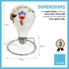 Load image into Gallery viewer, GALILEO THERMOMETER LIGHT BULB SHAPED on Stand | Multicoloured | Temperature Gauge | with 5 floating temperature baubles
