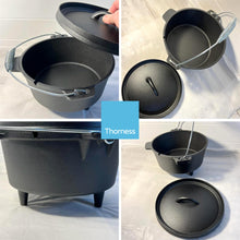 Load image into Gallery viewer, Cast Iron 3 Litre Dutch Oven pre-seasoned cooking pot with three feet | Spiral handle | Ideal for camping, cooking, baking and frying