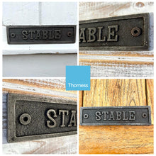Load image into Gallery viewer, Cast iron antique style stable door plaque | horse stable | door decor |metal plaque | door sign | 15.5cm x 4cm
