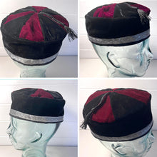 Load image into Gallery viewer, Size 56cm, small, Handmade Nepalese Burgundy Red and Black velvet Smoking Cap with traditional Tibetan design, lightweight, stylish design