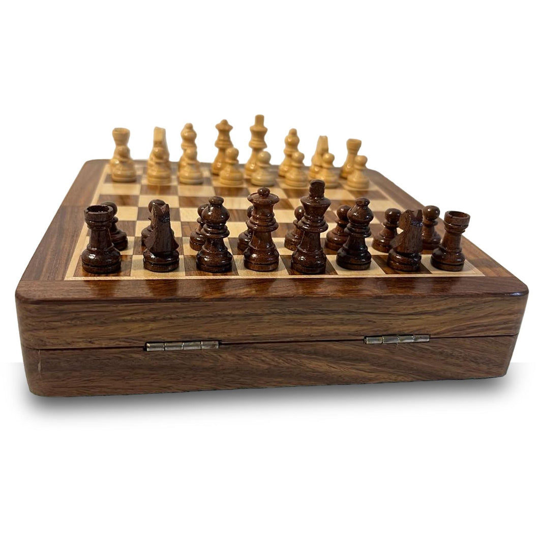 Handcrafted Chess Set 10” X 10” Board with Magnetic Pieces | Felt-Lined Storage Compartment | Classic Staunton Style playing pieces | Travel companion.