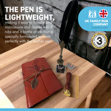 Load image into Gallery viewer, BLACK FEATHER QUILL 5 NIBS PEN NOTEBOOK QUILL PEN STAND INK WAX SEAL AND FLEUR DE LIS STAMP | Calligraphy Set | Writing Set | Ink Pen | Leather Bound Notebook | Feather Pen