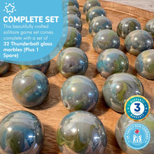 Load image into Gallery viewer, 30cm Diameter MANGO WOOD SOLITAIRE BOARD GAME with THUNDERBOLT GLASS MARBLES | |classic wooden solitaire game | strategy board game | family board game | games for one | board games