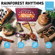 Load image into Gallery viewer, Rainforest Rhythm set of instruments | South America Musical instruments | Handmade instruments | Rainforest sounds | Musical gift box for adults and children | Instruments for schools | 5 instruments included