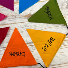 Load image into Gallery viewer, Affirmation Multi Coloured Bunting | Hope, Faith, Love, Happiness, Believe, Dream and Peace | Well Being Bunting | 190 cm length flags measure 14cm |Garland for Garden Wedding Birthday Indoor Outdoor
