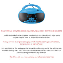 Load image into Gallery viewer, BX200 Portable CD Player Boombox | Bluetooth, FM Radio, USB & Aux Playback | 2.0 Stereo Sound | 15hr Battery Playtime | Headphone Jack, Simple Controls, LED Display, Oakcastle, Blue.