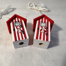 Load image into Gallery viewer, Set of 2 Red and white beach hut light pulls| Nautical Theme Wooden Beach Hut Cord Pull Light Pulls