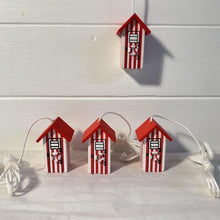Load image into Gallery viewer, Set of 4 Red and white beach hut light pulls| Nautical Theme Wooden Beach Hut Cord Pull Light Pulls