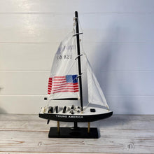 Load image into Gallery viewer, YOUNG AMERICA AMERICAS CUP MODEL YACHT | Sailing | Yacht | Boats | Models | Sailing Nautical Gift | Sailing Ornaments | Yacht on Stand | 33cm (H) x 21cm (L) x 4cm (W)