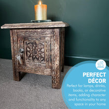 Load image into Gallery viewer, Folding Wooden Side Table with lockable storage, Decorative Wooden Side Table with cutwork detail, Bedside Table